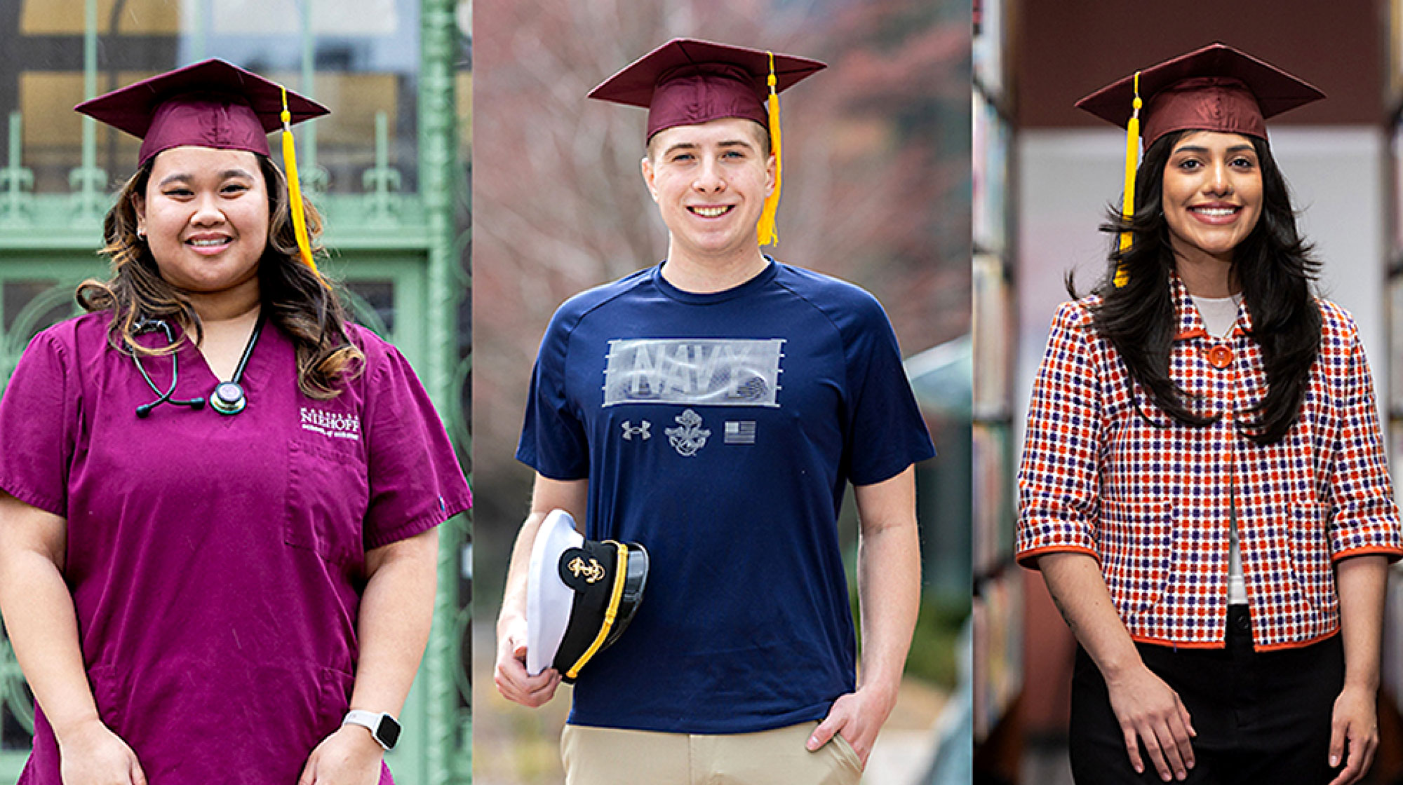 Portraits of three of the five Rambler graduates highlighted in a story about personal insights from their journeys as students at Loyola